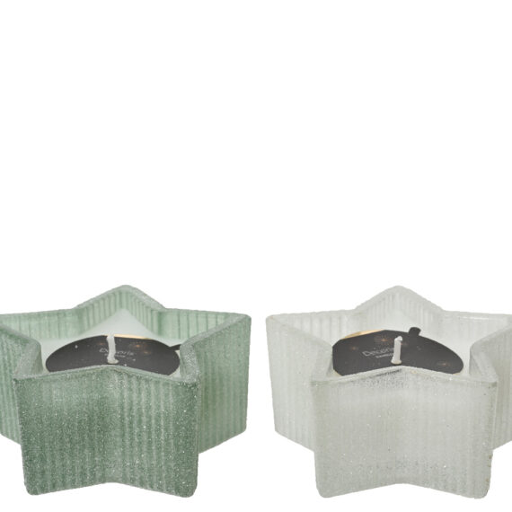 Σετ 2 τμχ κηροπήγια σε σχήμα αστεριού γεμισμένο με κερί.Ένα βεραμάν κηροπήγιο και ένα λευκό. 9 x 9 x 4cm.