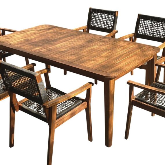 AMORGOS Τραπεζαρία Σέτ 7 Τεμαχίων  Ξύλινος Σκελετός Acacia Wood Σχοινί   Τραπέζι Παραλληλόγραμμο  Διαστάσεις: 180(w) x 100(d) x 75(h)cm Πολυθρόνες Με Σχοινί Διαστάσεις: 62,5(w) x 63(d) x 91(h)cm