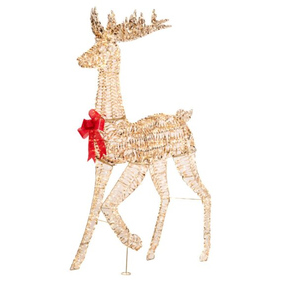 Εντυπωσιακός φωτιζόμενος χρυσός τάρανδος με 1.440 LED σε ζεστό λευκό φως και διαστάσεις 90x27x180 εκ. Η χρυσή απόχρωση και η κόκκινη κορδέλα του προσθέτουν κομψότητα και λάμψη, ενώ ο φωτισμός του δημιουργεί μαγική, χριστουγεννιάτικη ατμόσφαιρα. Ιδανικό διακοσμητικό για κήπο, βιτρίνα ή είσοδο σπιτιού.